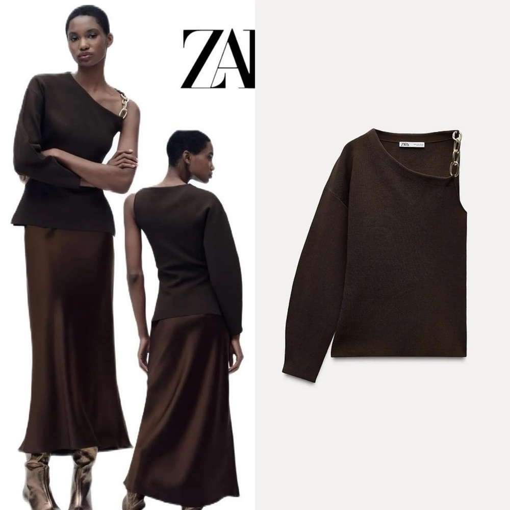 Zara Asymmetric One Shoulder Knit Top With Chain Chocolate Brown Size S NWT